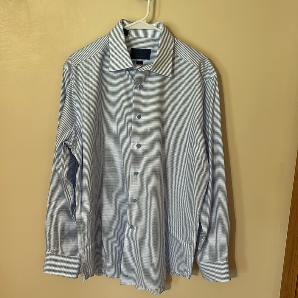 David Donahue Shirt Mens 17 34/35 Blue Geometric Trim Dress Career Party Formal